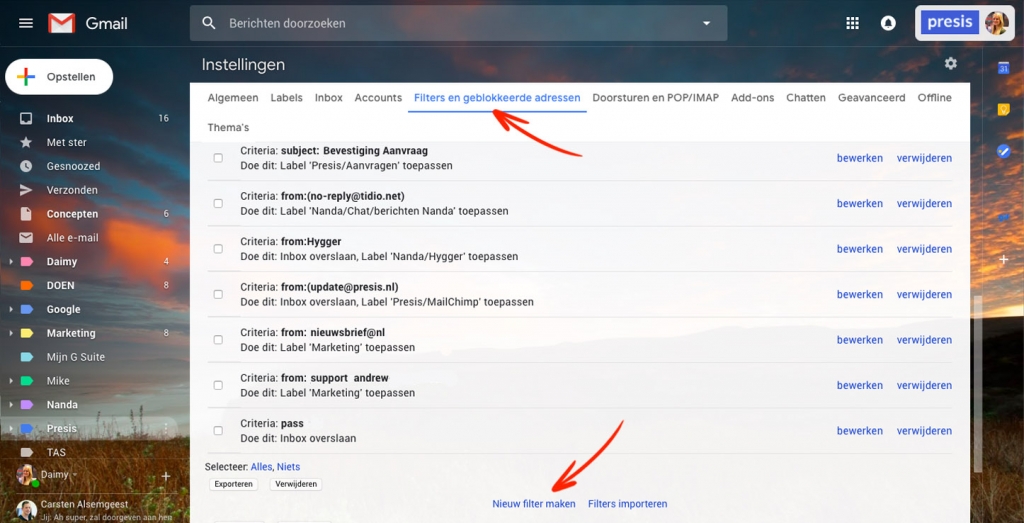 Presis - G Suite - Efficientie - Gmail filters stap 1