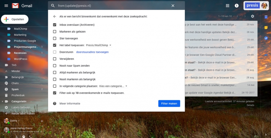 Presis - G Suite - Efficientie - Gmail filters stap 2