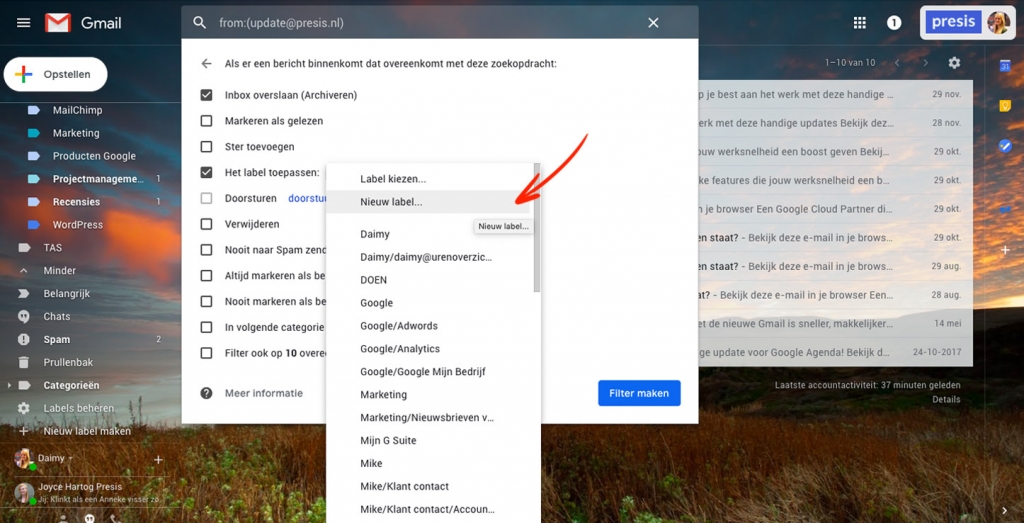 Presis - G Suite - Efficientie - Gmail filters stap 3