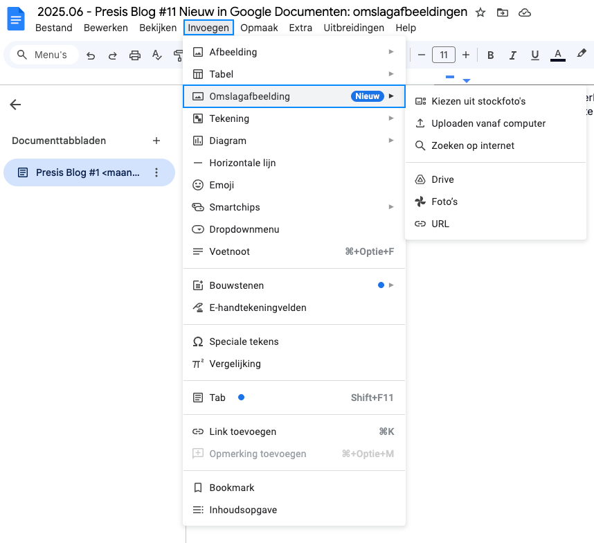 Presis Blog Nieuw in Google Documenten- omslagafbeeldingen stap 2