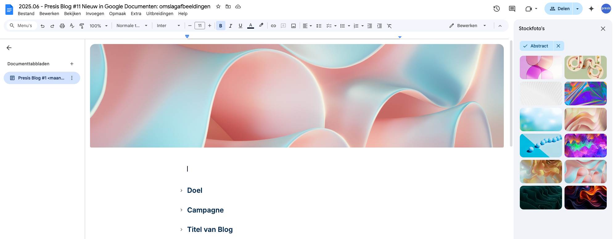 Presis Blog Nieuw in Google Documenten- omslagafbeeldingen